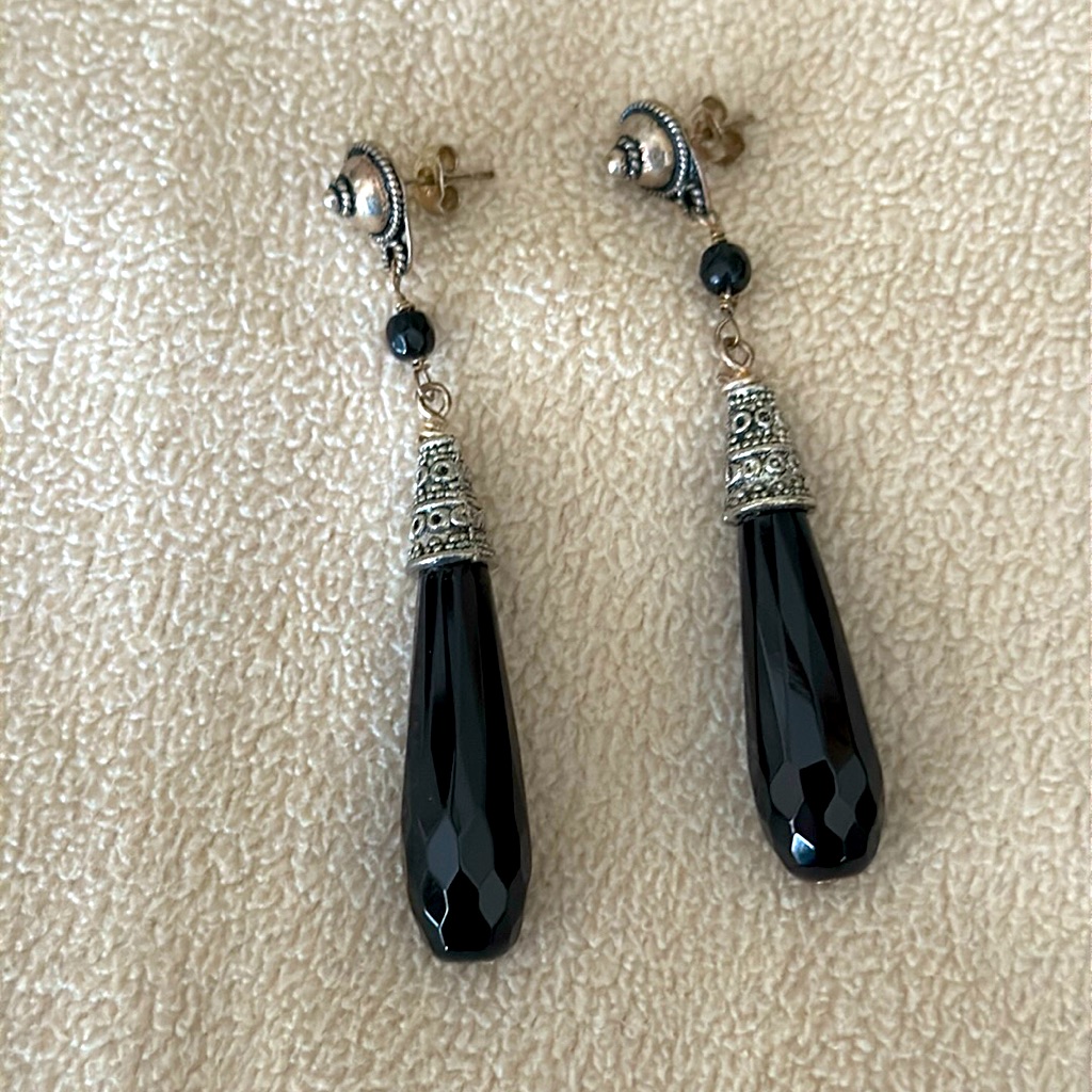 Pierced Earrings Black Faceted Onyx Sterling Silver Vtg Artisan Made 3 36$